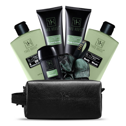 Yard House Mens Luxury Bath and Body Gift Set For Him - Skin Care Kit in Eucalyptus and Mint - Fathers Day Birthday Christmas Gifts Ideas For Men - 7Pcs Set w. Full Size Items in Leather Toiletry Bag New Era Fashion LLc