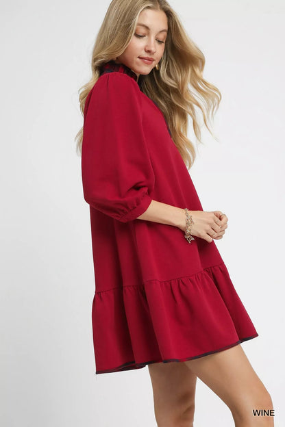 Umgee French Terry Ruffle Hem Dress with Plaid Trim West2East Surf
