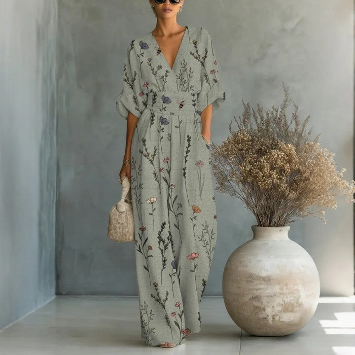 Women's Waist-Cinched V-Neck Printed Wide-Leg Jumpsuit FitiqueFit
