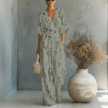 Women's Waist-Cinched V-Neck Printed Wide-Leg Jumpsuit FitiqueFit