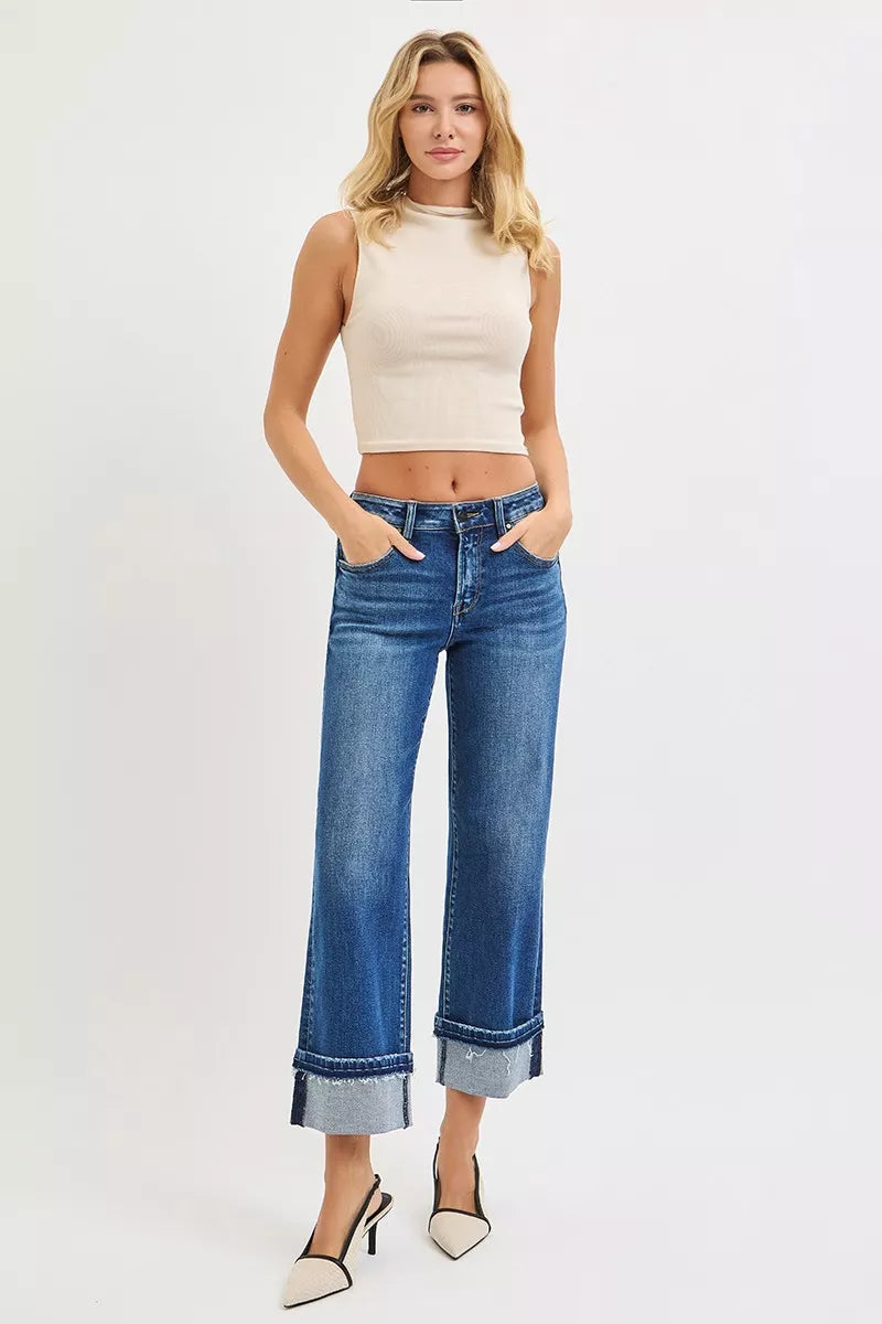 RISEN Mid Rise Ankle Straight Jeans with Cuffed Hem West2East Surf
