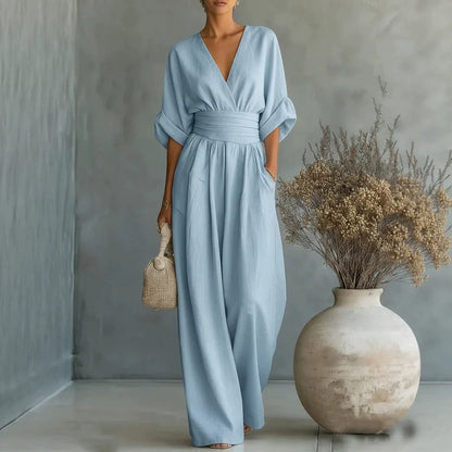 Women's V-Neck Wide-Leg Jumpsuit – High Waist Pleated Elegant 11 Colors S–5XL FitiqueFit