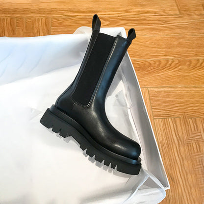 Women’s British-Style Mid-Calf Thick-Soled Leather Boots FitiqueFit