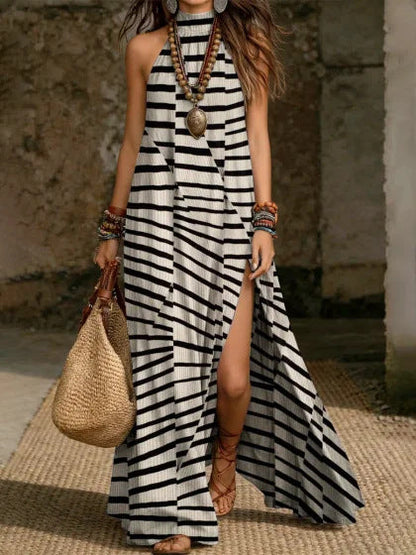 Women's Printed Halterneck Split Maxi Dress – Loose Fit Sleeveless FitiqueFit
