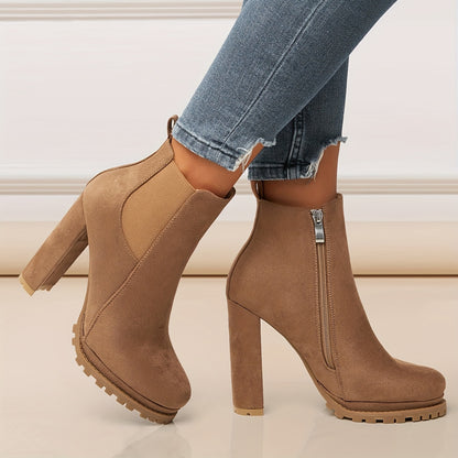 Women's Pointed Toe Short Boots, Tound Toe Side Zipper Chunky Heeled Platform Ankle Boots, Women's Footwear NovaCart