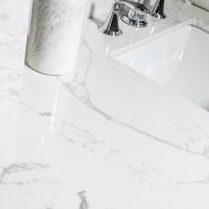 Montary 43x22 bathroom stone vanity top engineered stone carrara white marble color with rectangle undermount ceramic sink and 3 faucet hole with back splash