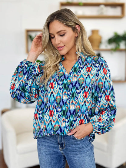 Double Take Full Size Printed Balloon Sleeve Blouse New Era Fashion LLc