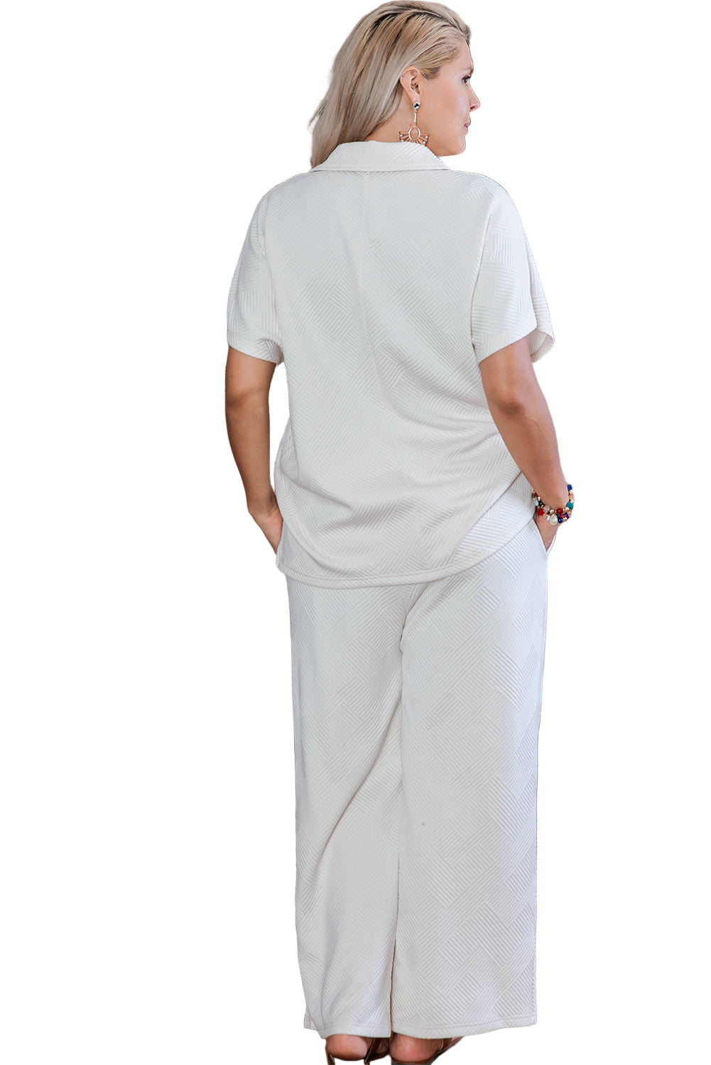 Beige Plus Size Textured Collared Top and Pants Set Garden Naked Curves