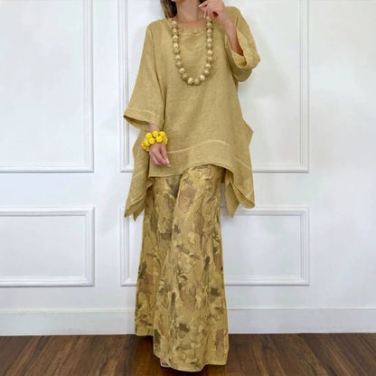 Cotton-Linen Irregular Hem Drop-Shoulder Top & Wide-Leg Pants Set | 3 Colors FitiqueFit