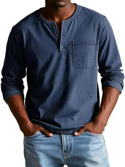 Men's V-neck Long-sleeved Pullover Top with Button Design SnagBag