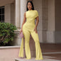Women's Crew-Neck Pleated Ribbon Flare Jumpsuit FitiqueFit