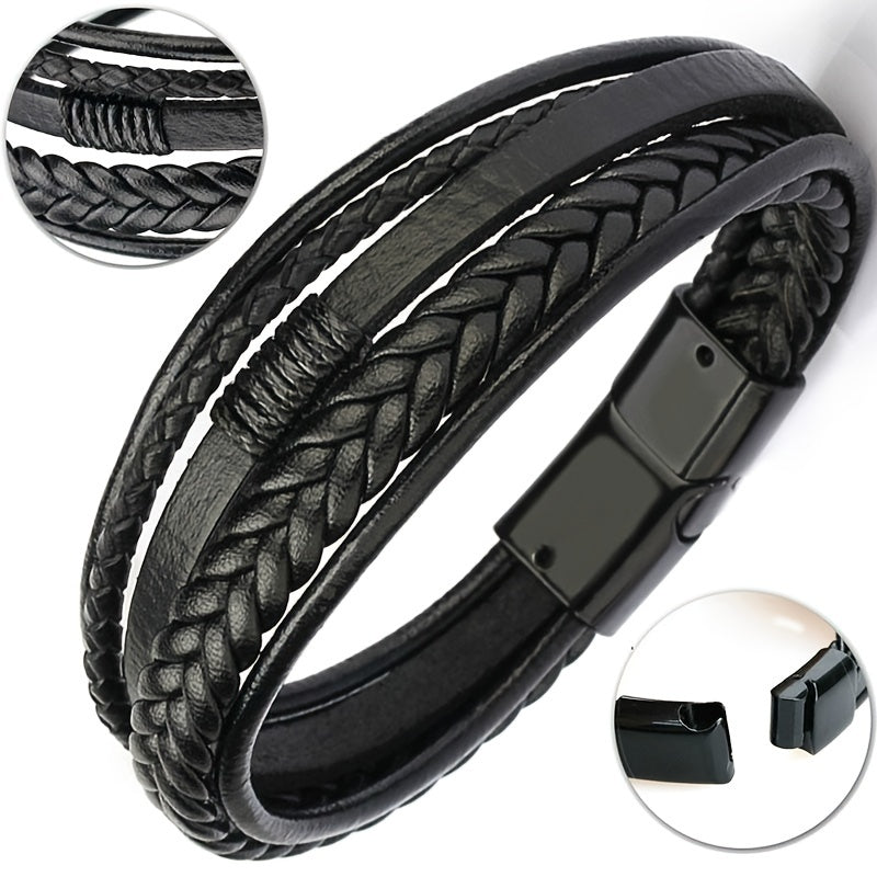 [Stylish Leather Bracelet] Stylish Durable 1pc Men's Hand-Woven Multi-Layer Leather Bracelet | with Buckle Closure, Versatile Accessory for Casual or Formal Wear NovaCart