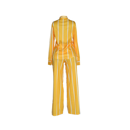 Women's Striped Print Two-piece Set - Button Front Collar Long Sleeve Shirt & High Waist Wide Leg Loose Pants Set - Casual Style - For Women - Perfect for Everyday Wear & Loungewear - Great Gift for Fashionable Women NovaCart