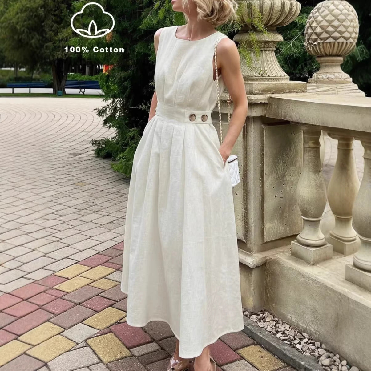 Women's French Minimalist Sleeveless Crew-Neck Midi Dress – White S–XXL FitiqueFit