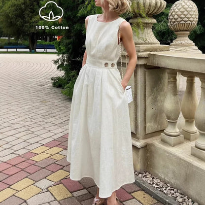 Women's French Minimalist Sleeveless Crew-Neck Midi Dress – White S–XXL FitiqueFit