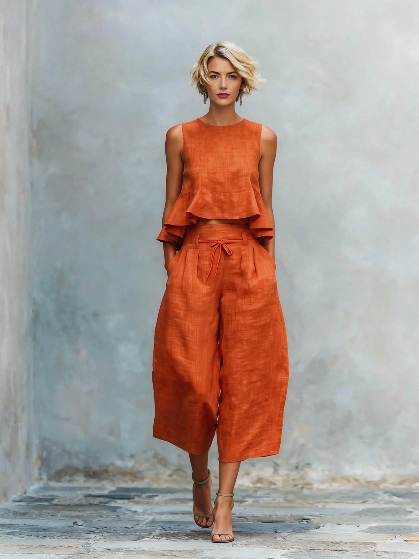Women’s Linen-Blend Sleeveless Two Piece Set with Ruffled Detailing FitiqueFit