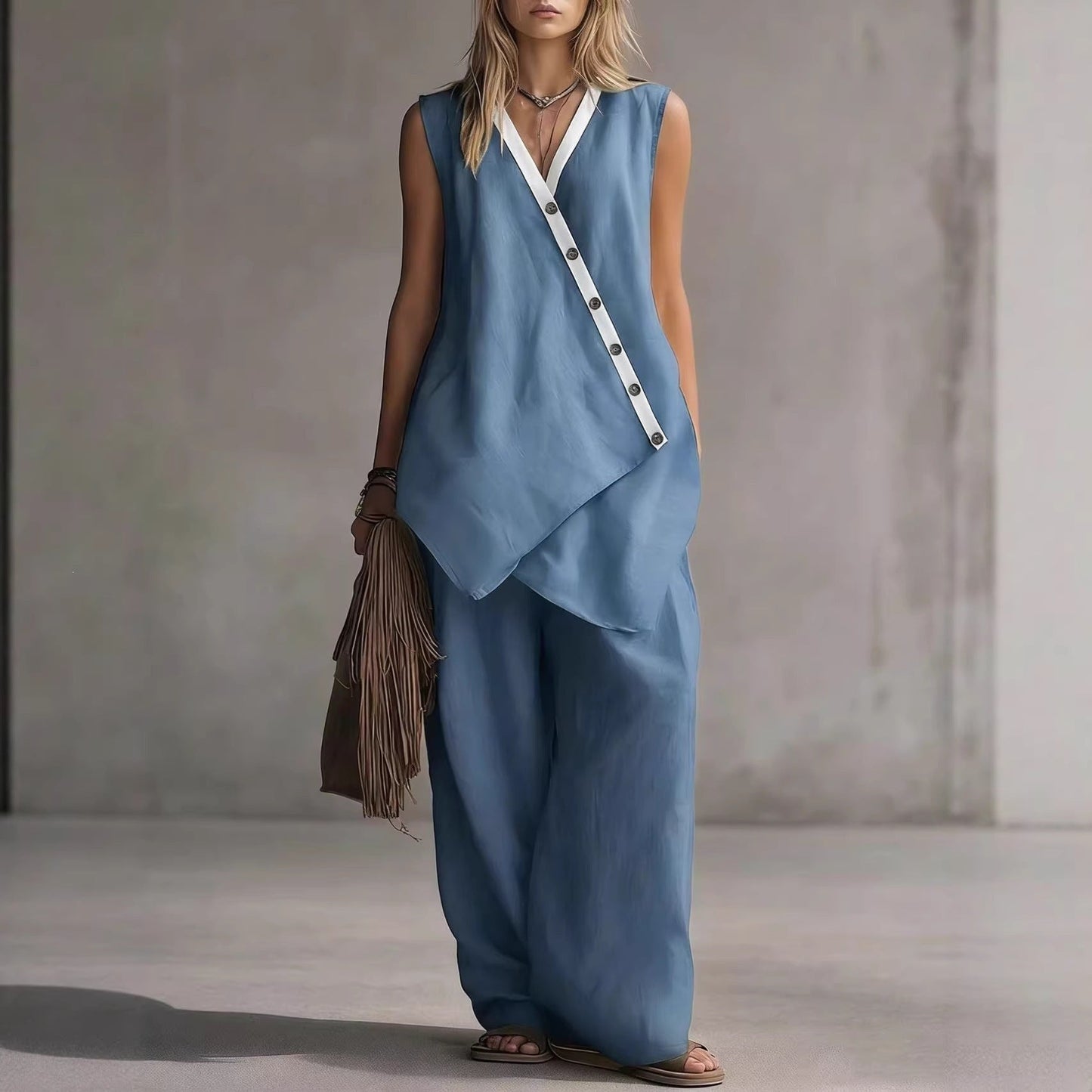 Women's Boho V-Neck Button Vest & Wide-Leg Pants Set FitiqueFit