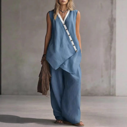 Women's Boho V-Neck Button Vest & Wide-Leg Pants Set FitiqueFit