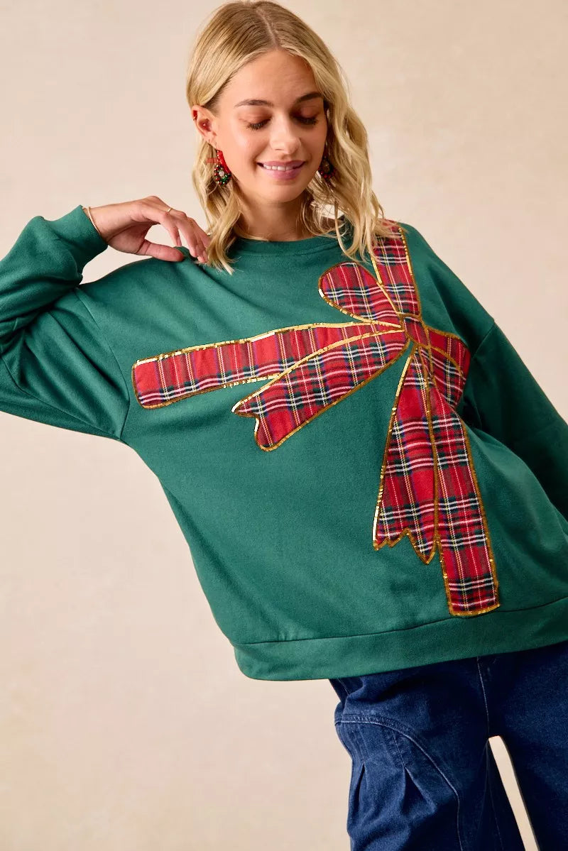 BiBi Plaid Ribbon Bow Detail Christmas Fleece Pullover FitiqueFit