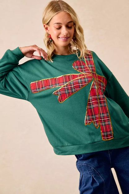 BiBi Plaid Ribbon Bow Detail Christmas Fleece Pullover FitiqueFit