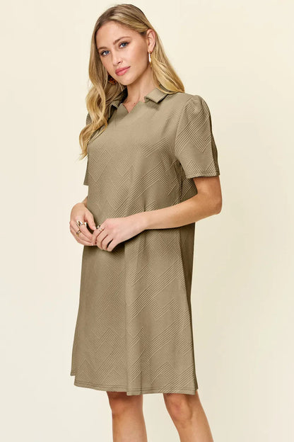 Double Take Full Size Texture Collared Neck Short Sleeve Dress West2East Surf