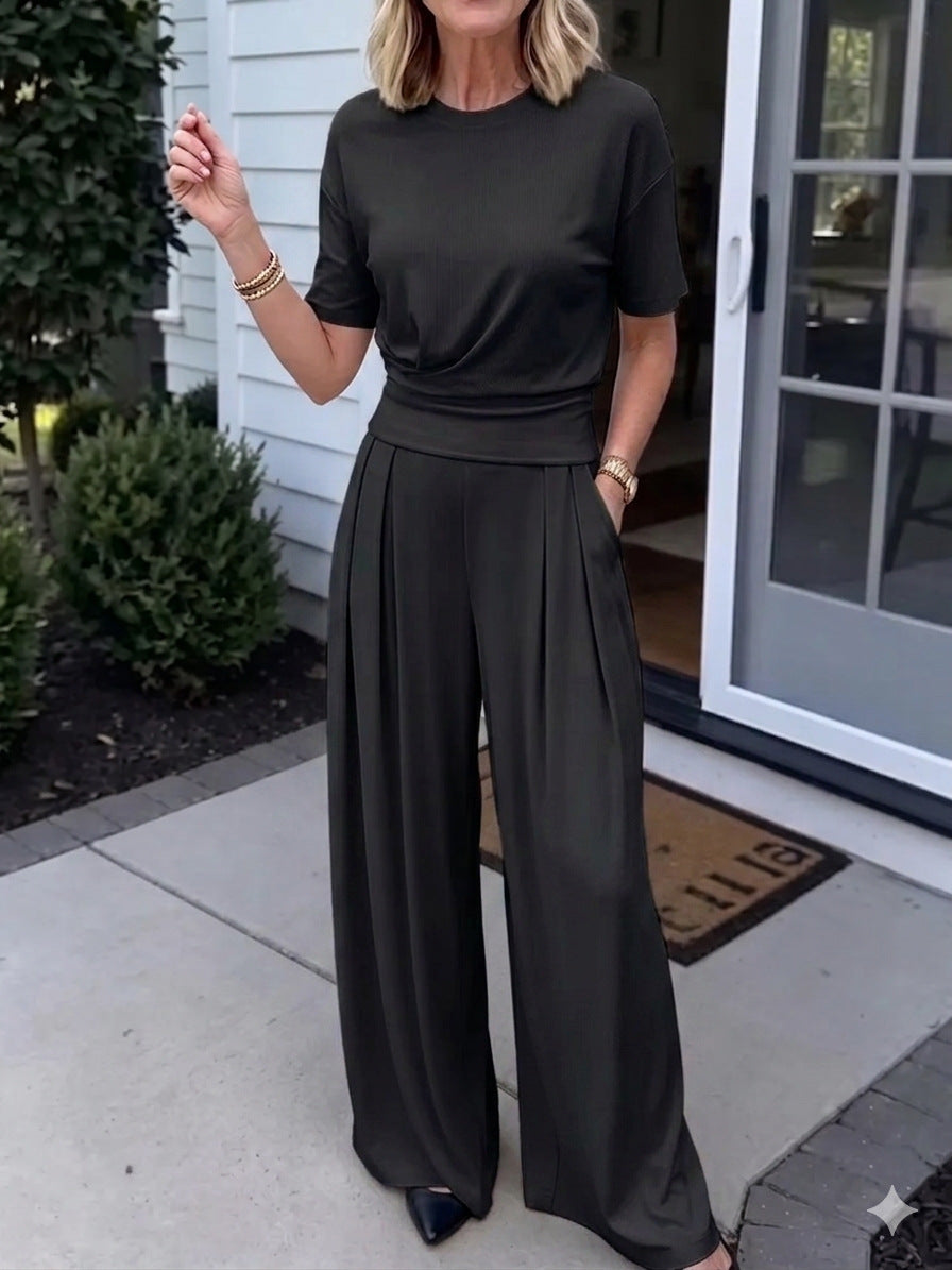 Women's Loose Crew-Neck T-Shirt & Wide-Leg Pants Two-Piece Set FitiqueFit