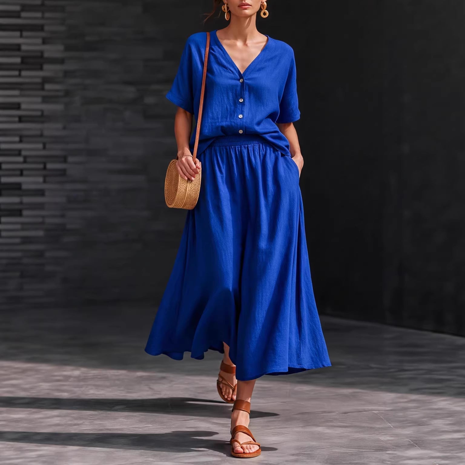 Women's Cotton-Linen V-Neck Button-Up Top & Long Skirt Set FitiqueFit