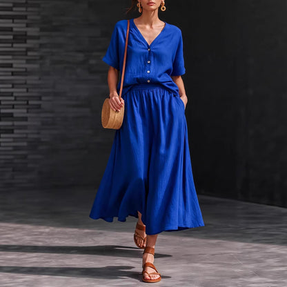 Women's Cotton-Linen V-Neck Button-Up Top & Long Skirt Set FitiqueFit
