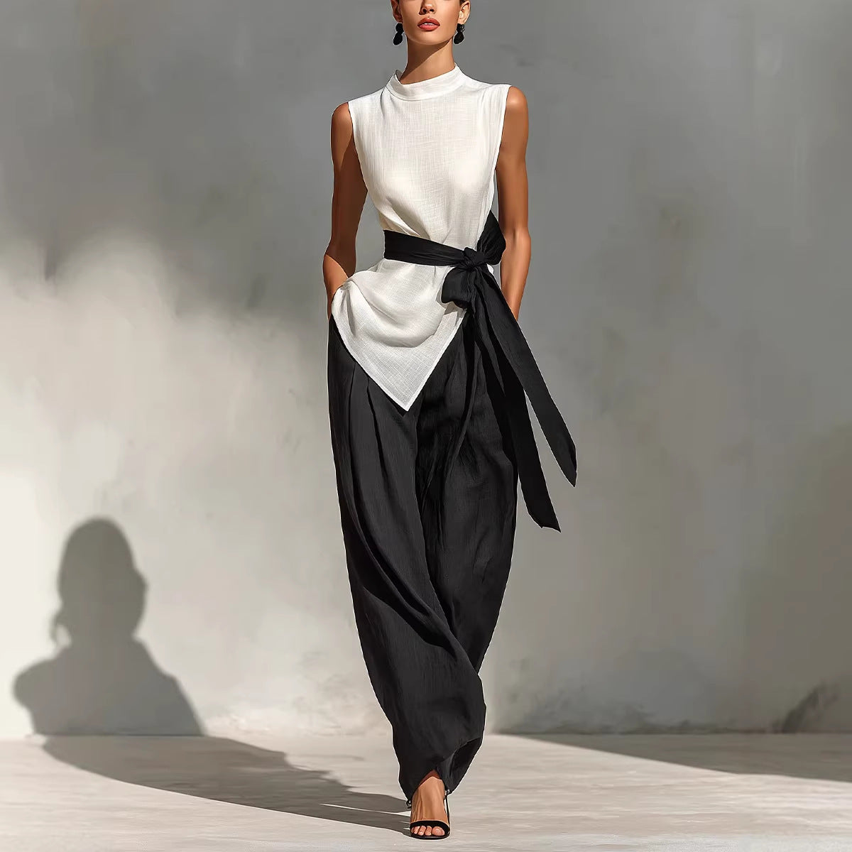 Women's Lace-Up Sleeveless Top & Wide-Leg Pants Two-Piece Set – White FitiqueFit
