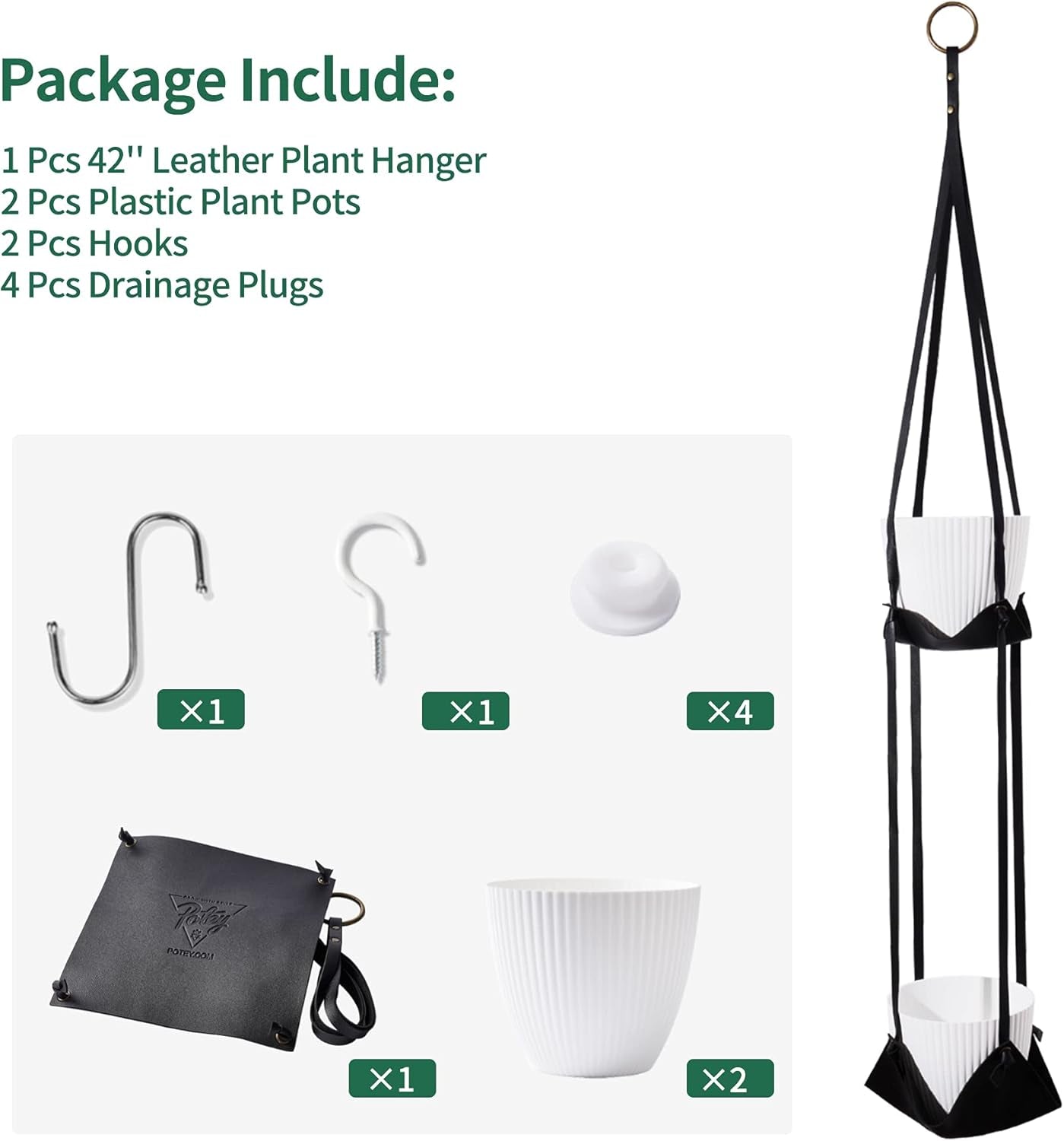 Leather Plant Hanger with Pot Included - Hanging Planters Basket with Plastic Planter 6'' (1 Adjustable Plant Hangers and 2 Pots) Hanging Plant Holder for Home Decor 42'',Black