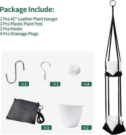 Leather Plant Hanger with Pot Included - Hanging Planters Basket with Plastic Planter 6'' (1 Adjustable Plant Hangers and 2 Pots) Hanging Plant Holder for Home Decor 42'',Black