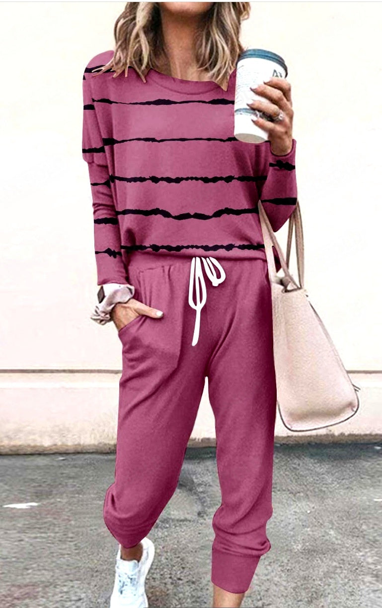 Women's Long Sleeve T-Shirt & Pencil Pants Set – Loose Fit, Striped & Solid FitiqueFit