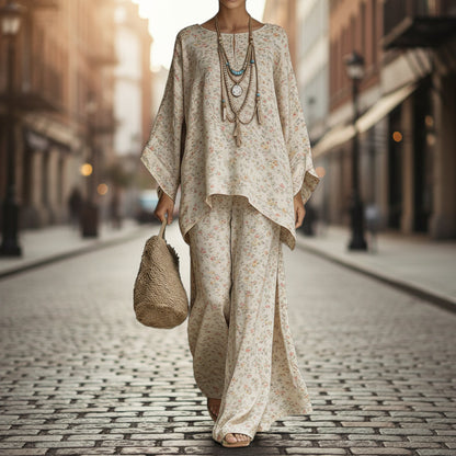 Floral Print Bamboo Linen Two-Piece Set | Wide-Leg Pants FitiqueFit