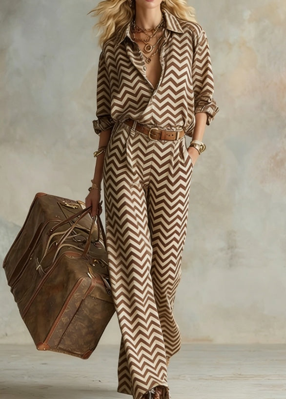 Women's Vertical Stripe Collared Loose Long-Sleeve Shirt & Wide-Leg Pants Set FitiqueFit