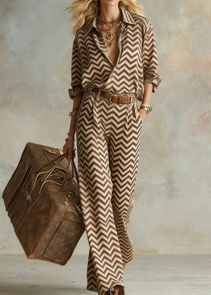 Women's Vertical Stripe Collared Loose Long-Sleeve Shirt & Wide-Leg Pants Set FitiqueFit