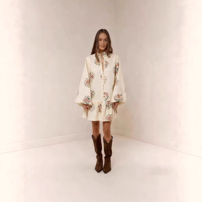 Digital Print Lantern Sleeve Linen Midi Dress – Loose Fit Pullover FitiqueFit