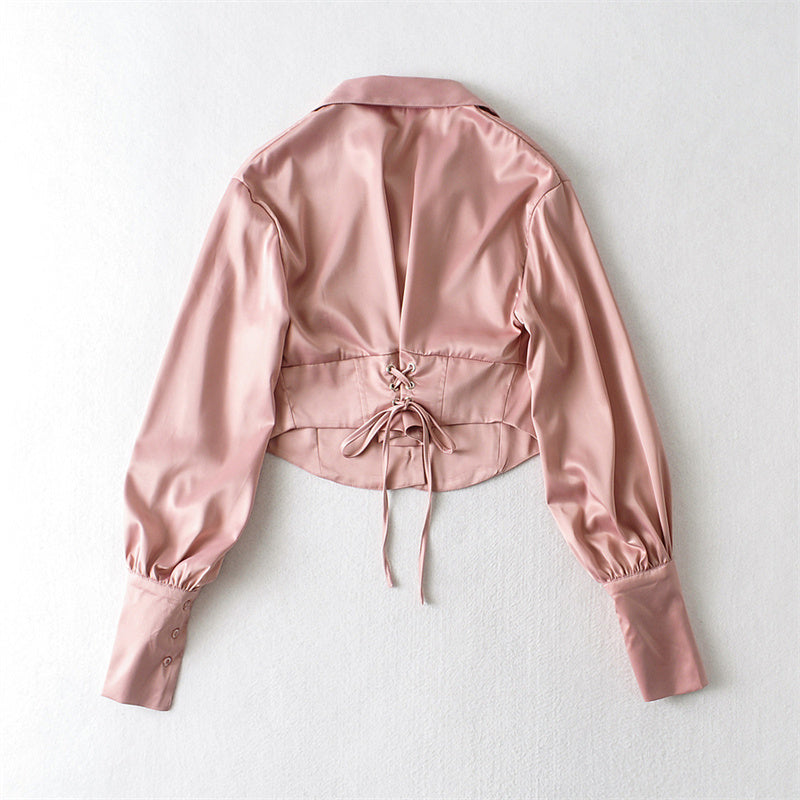 Women's Tie Waist Lapel Balloon Sleeve Shirt See size chart under “more details” The Fashion Celestial