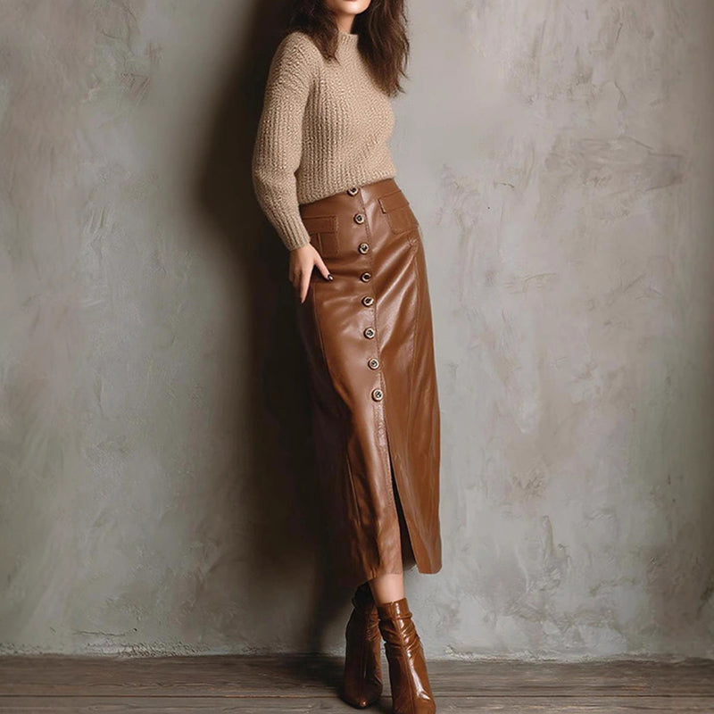 Women’s Faux Leather High-Waisted Bodycon Midi Skirt FitiqueFit