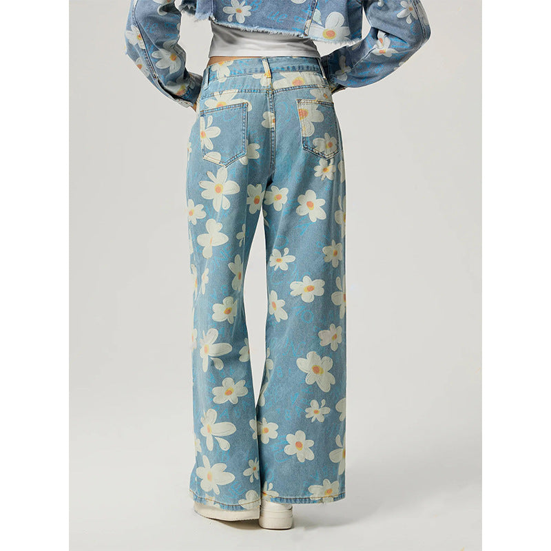 Women's Vintage Floral Print Straight-Leg Jeans FitiqueFit