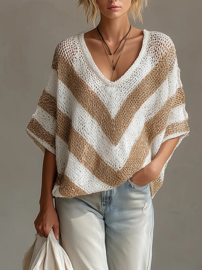 Women's V-Neck Knit Sweater – Loose Fit, Drop Shoulder, 3/4 Sleeve FitiqueFit