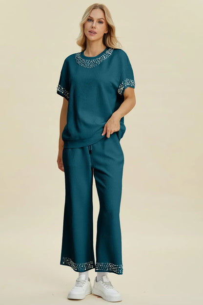 Double Take Full Size Pearl Detail Round Neck Top and Pants Set West2East Surf