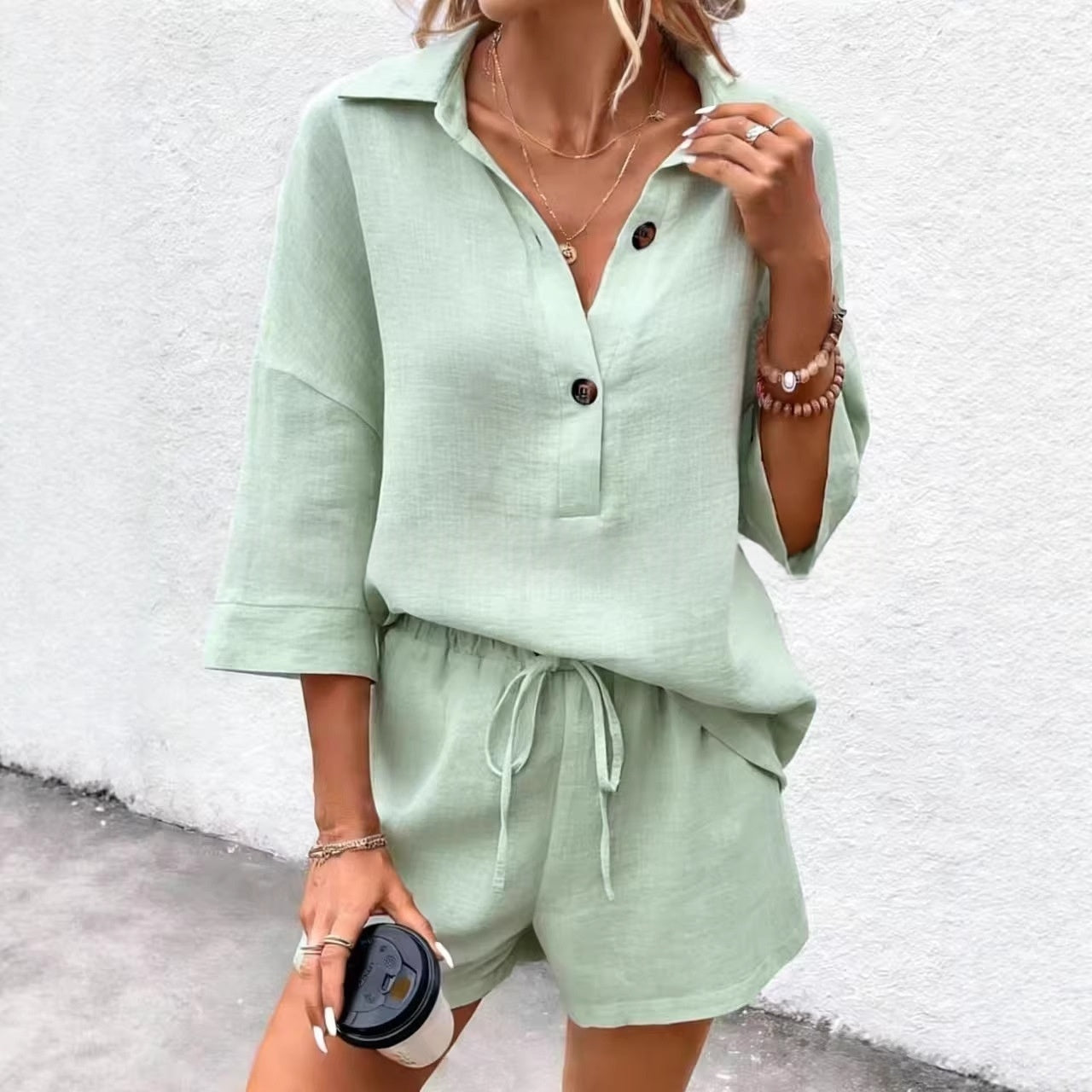 Women's Notch-Lapel Short-Sleeve Top & Belted Shorts Two-Piece Set FitiqueFit