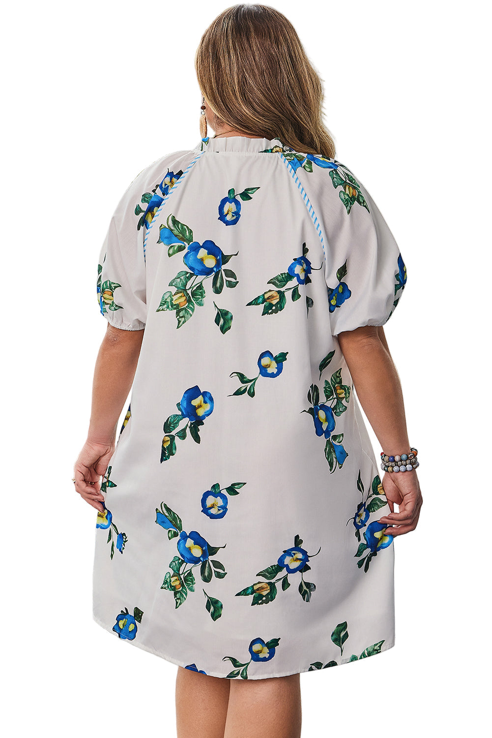White Plus Size Floral Short Puff Sleeve Contrast Tie V Neck Dress Garden Naked Curves