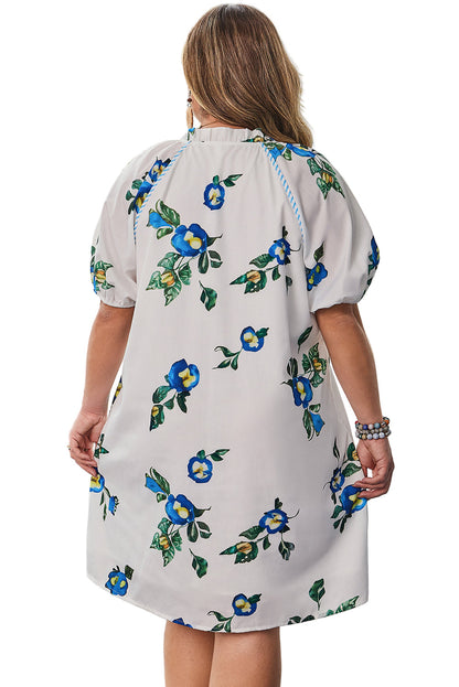 White Plus Size Floral Short Puff Sleeve Contrast Tie V Neck Dress Garden Naked Curves