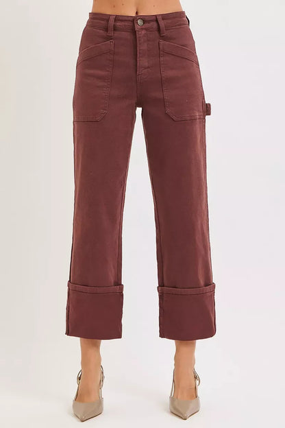 RISEN Full Size High Rise Wide Straight Cuffed Patch Jeans Plus Size West2East Surf
