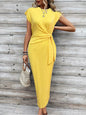 Elegant Waist Strap Striped Round Neck Short Sleeve And Long Pattern Dress Grayceful LLC