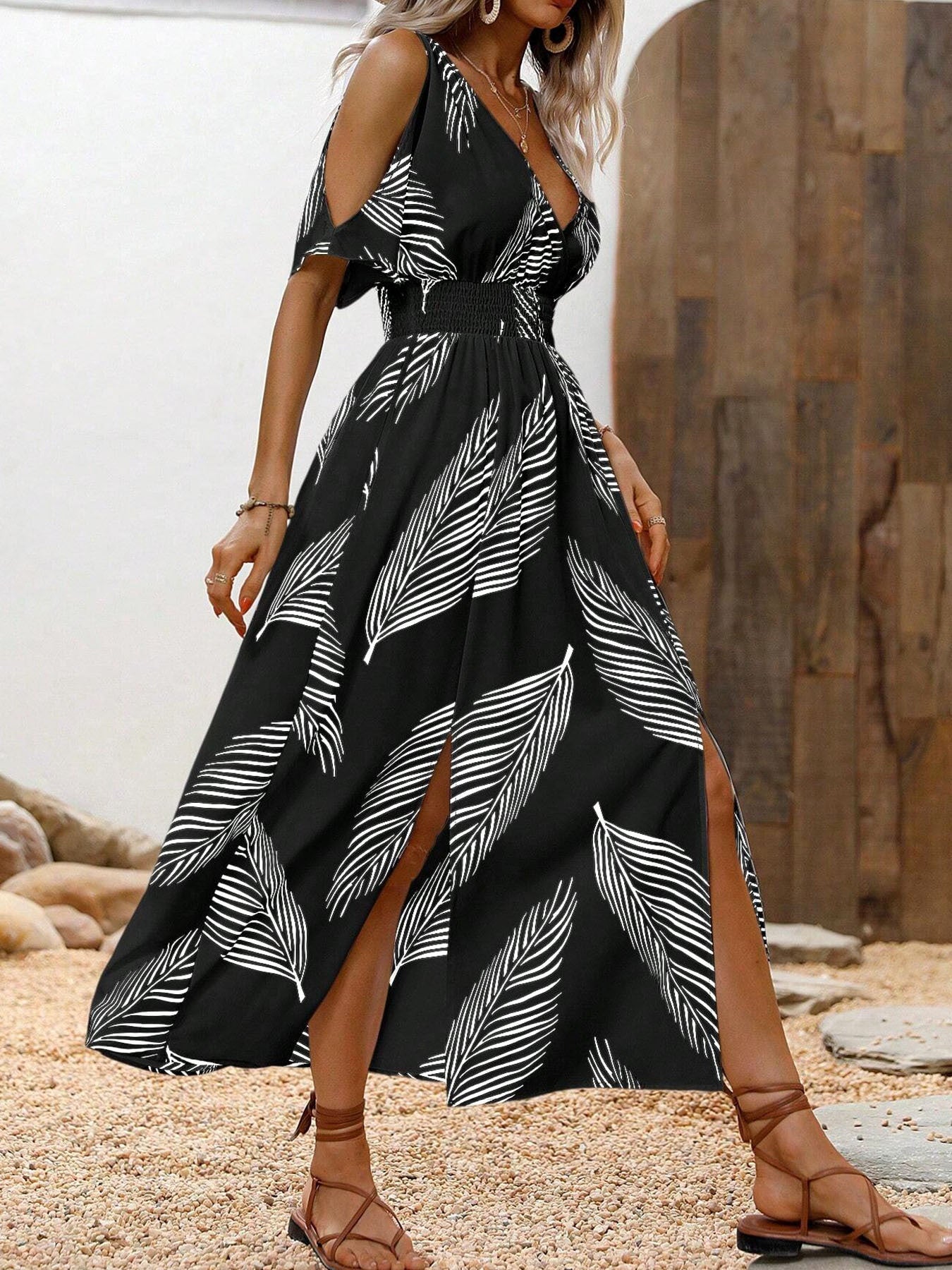 Women’s Off-Shoulder Cross V-Neck Maxi Dress FitiqueFit