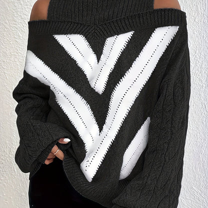 Elegant Plus Size Off Shoulder Striped Cable Knit Sweater
