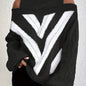 Elegant Plus Size Off Shoulder Striped Cable Knit Sweater