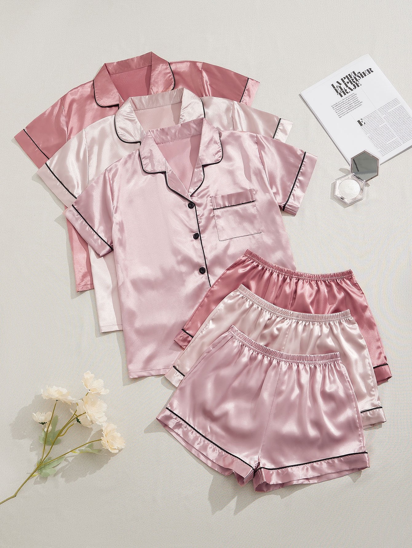 [Three Suits] Multicolor Variety of Short-sleeved Shorts Solid Color Imitation Y Satin PJ Set Women's Two-piece Suit NovaCart